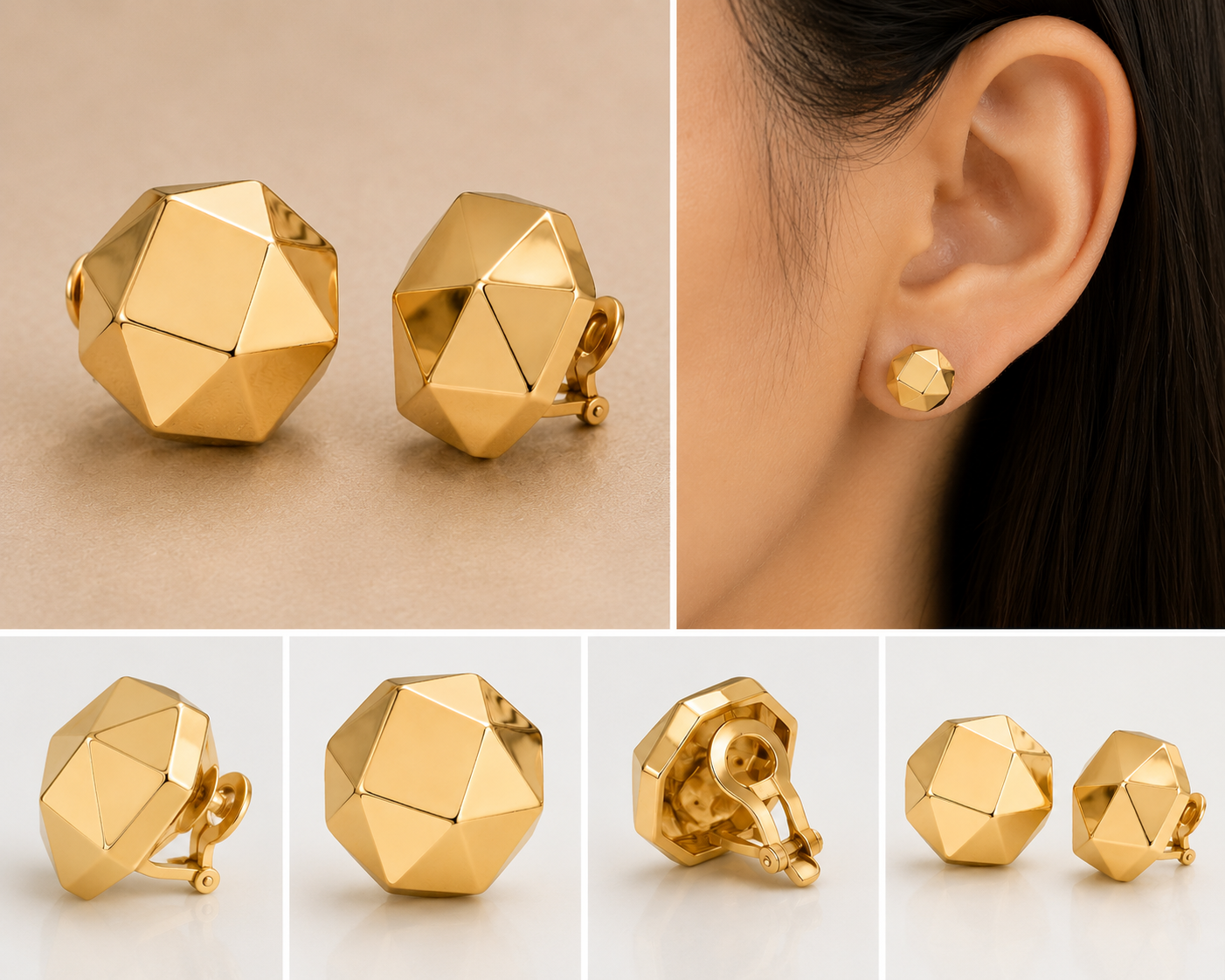 10K Italian Gold Geometric Omega Earrings – Faceted Hoop